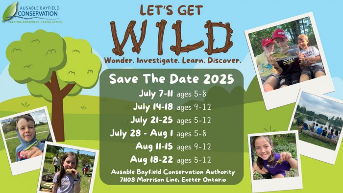 A poster with images of children look at nature to promote saving the dates for Summer Nature Day Camp in 2025.