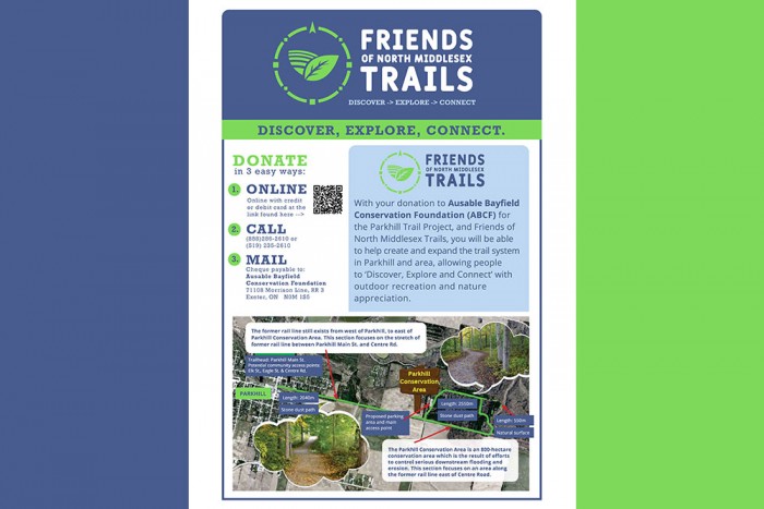 A poster about the Friends of North Middlesex Trails project to enhance Parkhill trails. It includes a map of proposed project.