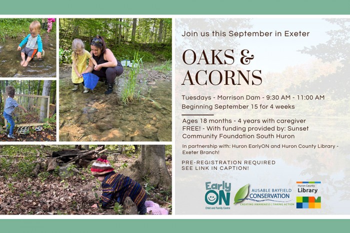 A poster, for Oaks and Acorns starting in September 2026, with photos of children active outdoors learning.