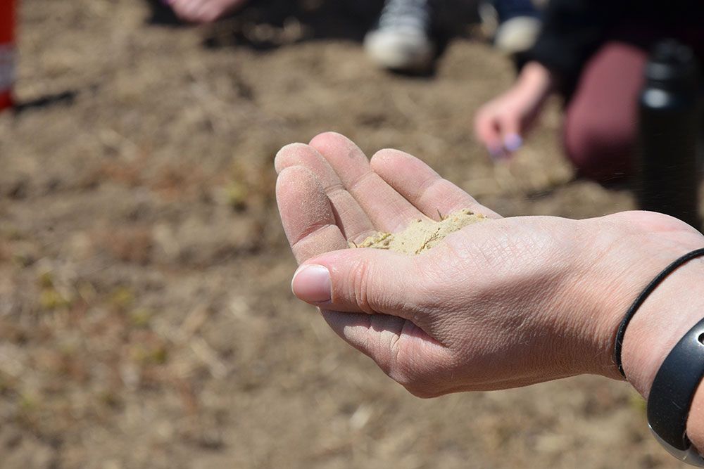 A photo of the hand of a conservation educator teaching about soil.