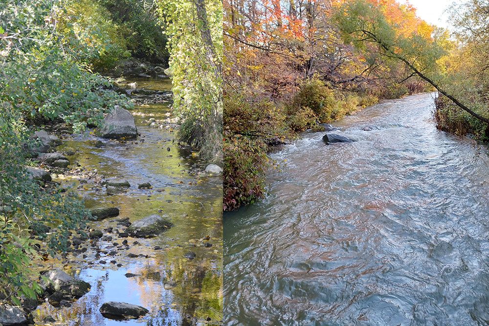 A photo of two different locations and times in October in watershed.
