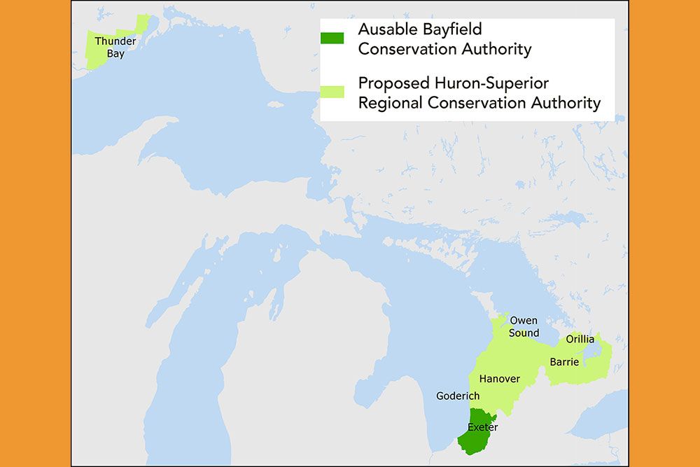 A photo of a map showing the extent of a proposed Lake Huron and Lake Superior regional conservation authority.