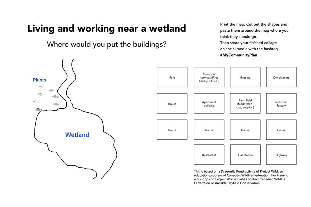 A picture of a wetland and buildings representing different land uses for a collage.