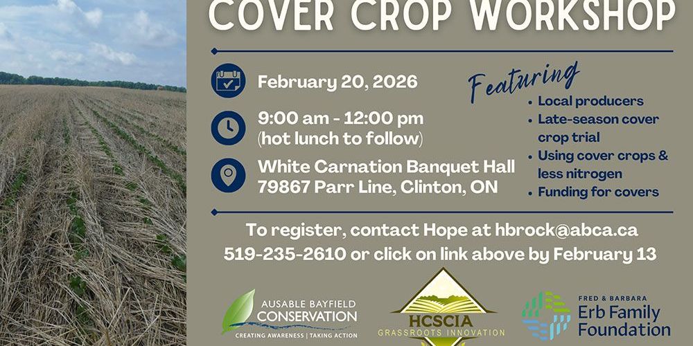 A poster advising that the February 20, 2026 cover crop workshop registration is open.