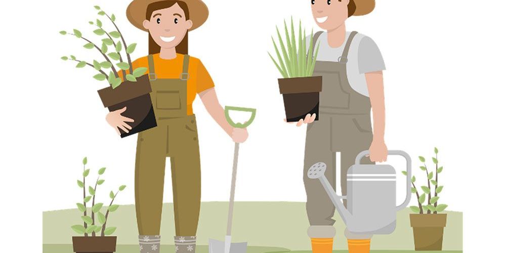 An illustration of two gardeners planting native species of plants.