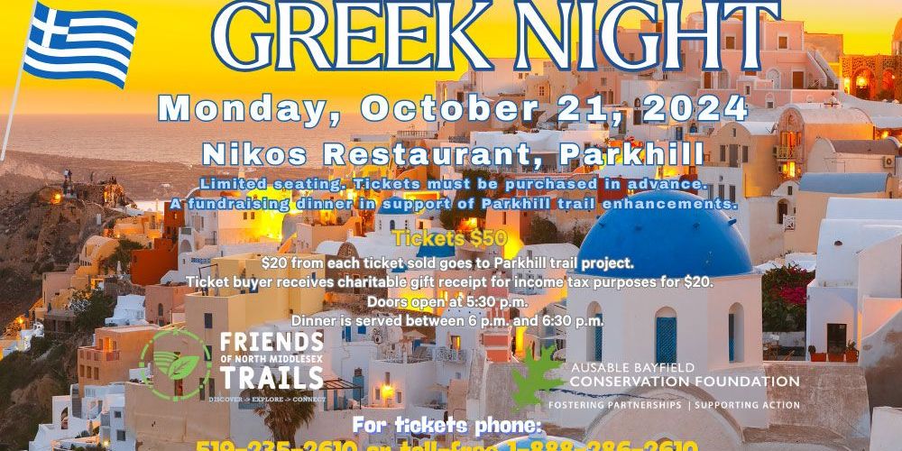 A poster of Greek nightscape, showing domes of Santorini, and promoting Greek dinner fundraiser.