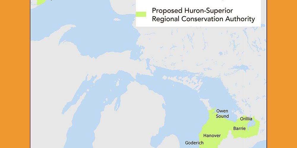 A photo of a map showing the extent of a proposed Lake Huron and Lake Superior regional conservation authority.