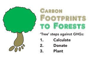 The logo for Footprints to Forests with a foot and a tree and the words Calculate, Donate, Plant.